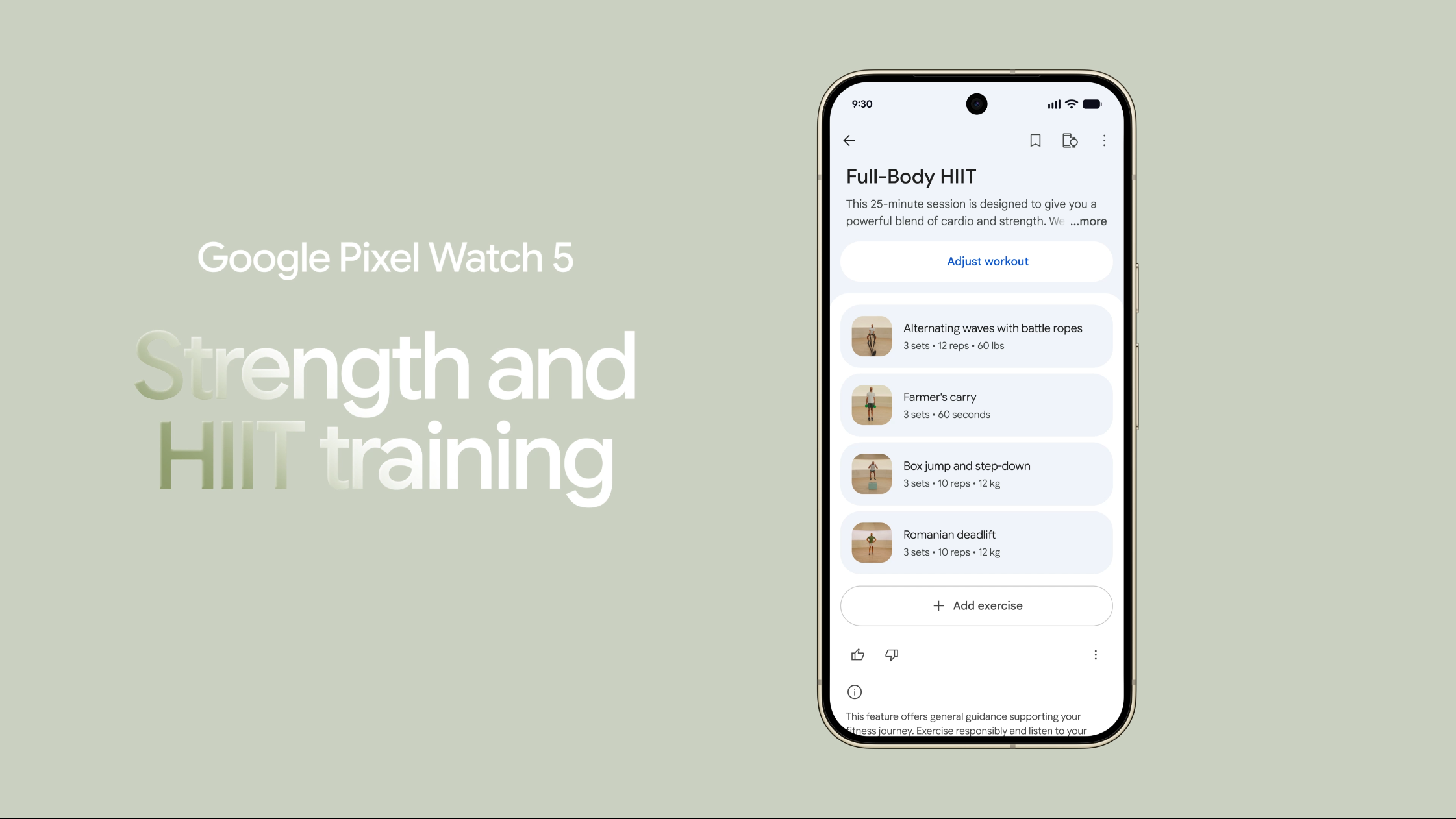 A promotional video demonstrates tracking strength and HIIT training routines on a Pixel Watch 5 using custom workout plans synced from a smartphone.