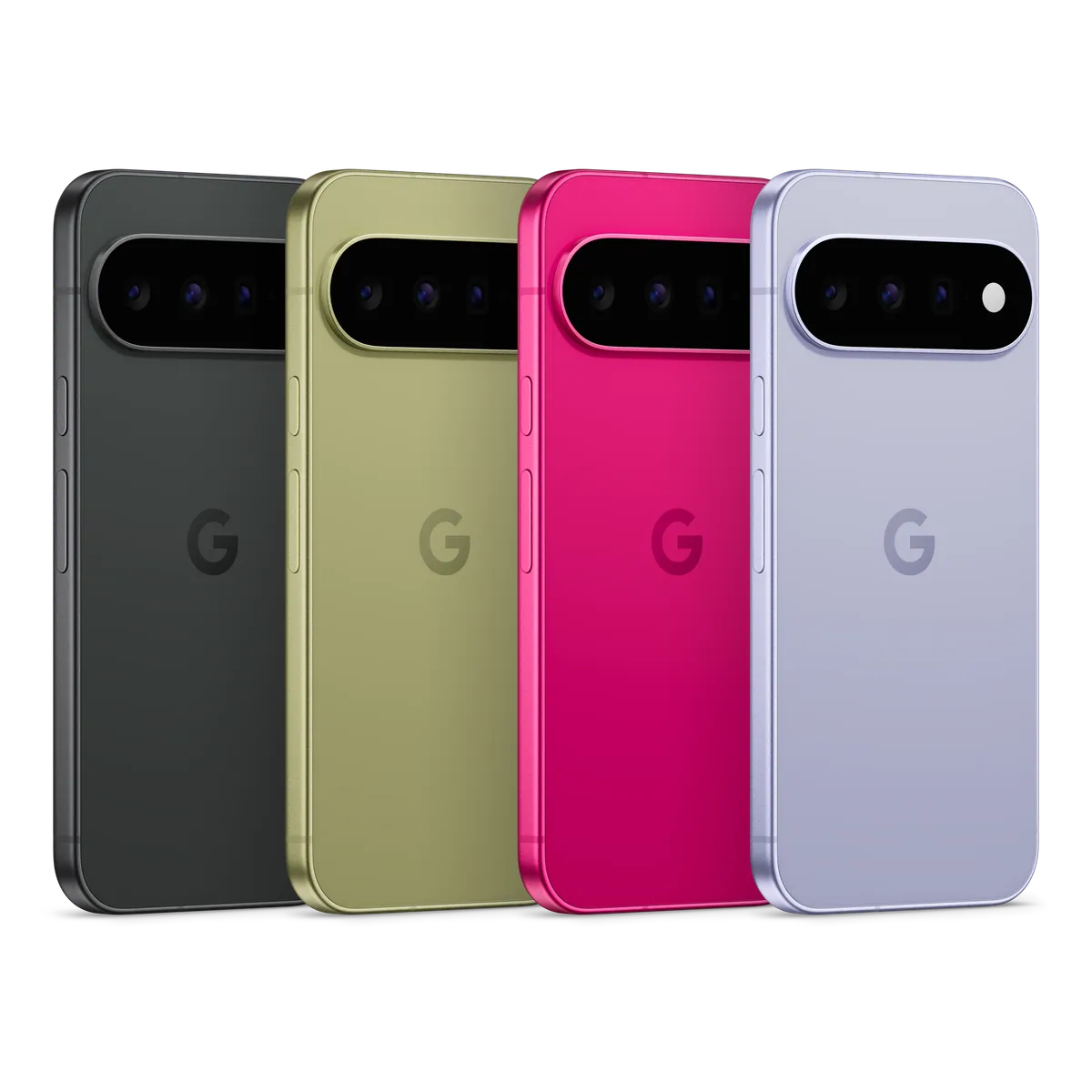 The back of Pixel 11 phones in Obsidian, Pistachio, Hibiscus and Frost.